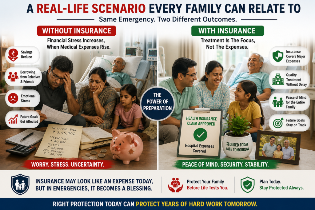 Illustration showing a real-life Indian family medical emergency scenario comparing “Without Insurance” and “With Insurance,” highlighting financial stress, hospital expenses, peace of mind, and the importance of health and life insurance for family financial security.