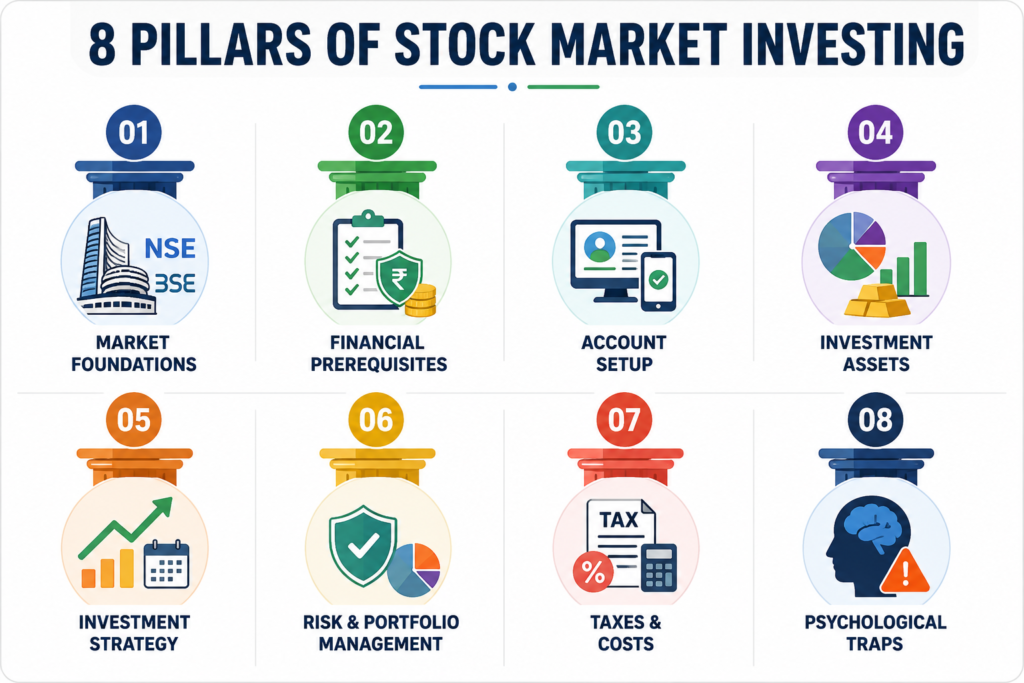 Infographic showing the 8 Pillars of Stock Market Investing for beginners in India, including Market Foundations, Financial Prerequisites, Account Setup, Investment Assets, Investment Strategy, Risk & Portfolio Management, Taxes & Costs, and Psychological Traps, illustrated with simple financial icons on a clean professional layout.