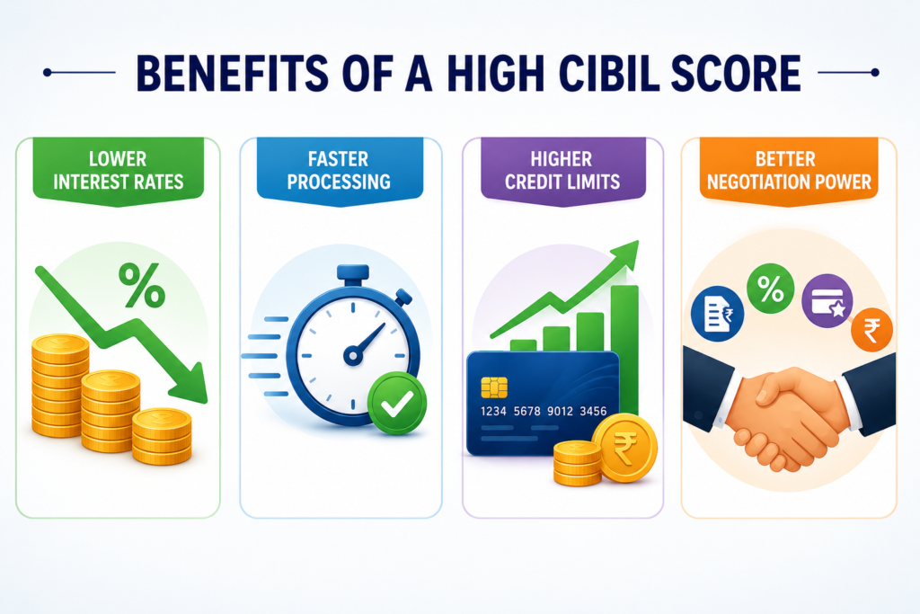 Why Is Your CIBIL Score Important? Best Ways to Improve It Benefits of a high CIBIL score showing lower interest rates, faster approvals, higher credit limits, and better loan negotiation power.