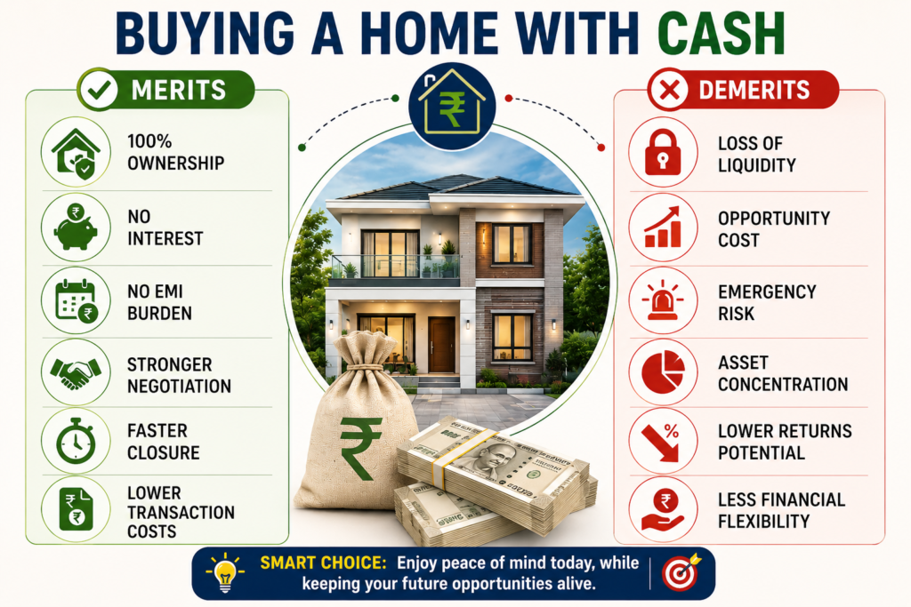 Buying a home with cash infographic showing key merits and demerits, including full ownership, no EMI, faster closure, liquidity risk, opportunity cost, and reduced financial flexibility.