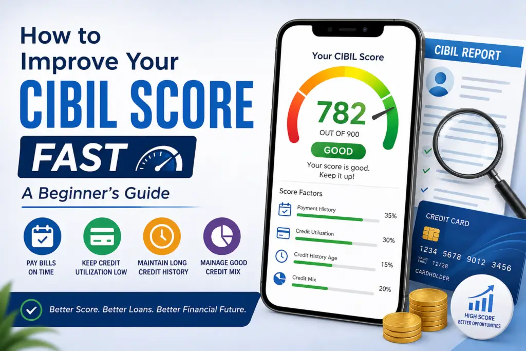 Illustration showing a smartphone displaying a CIBIL score of 782 with key credit score factors such as payment history, credit utilization, credit history age, and credit mix. The image also includes a credit report, credit card, magnifying glass, and financial growth icons, representing credit score improvement and loan eligibility.