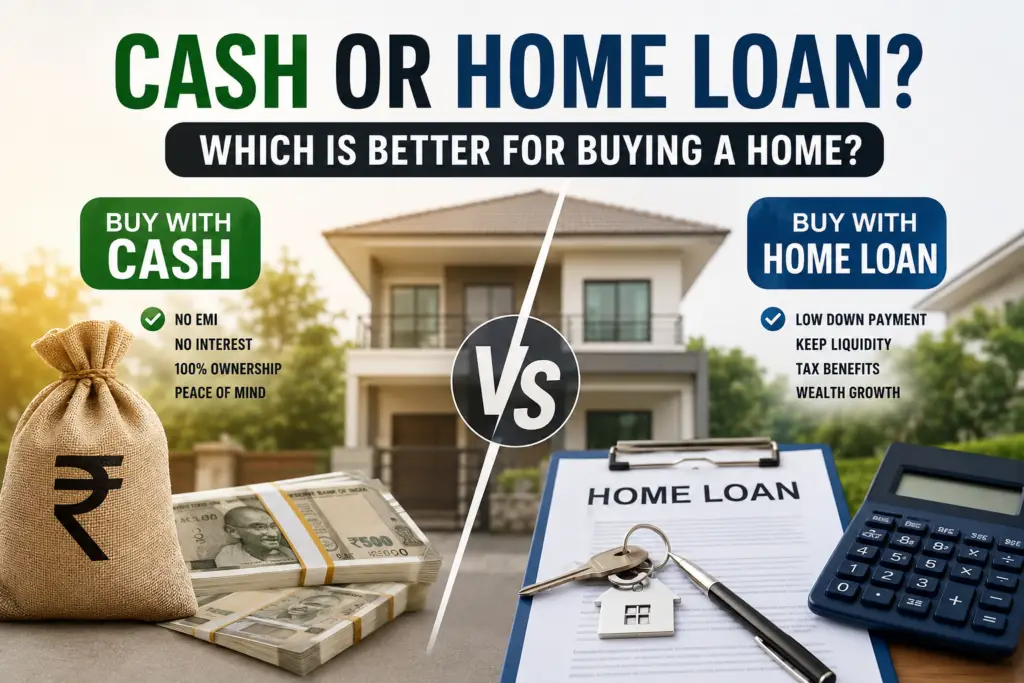 Cash vs home loan comparison for buying a house in India, showing ownership benefits, EMI savings, liquidity, tax benefits, and wealth-building opportunities.