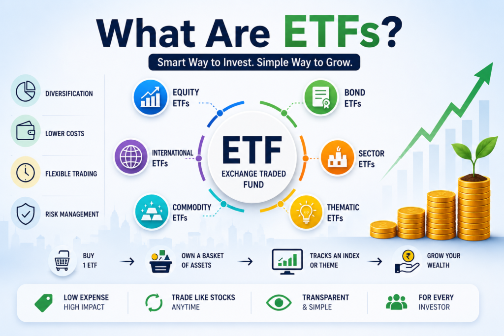 ETFs Explained: The Simple Investment Strategy Anyone Can Use What are ETFs infographic explaining Exchange Traded Funds, ETF types, diversification benefits, low-cost investing, and wealth-building opportunities.