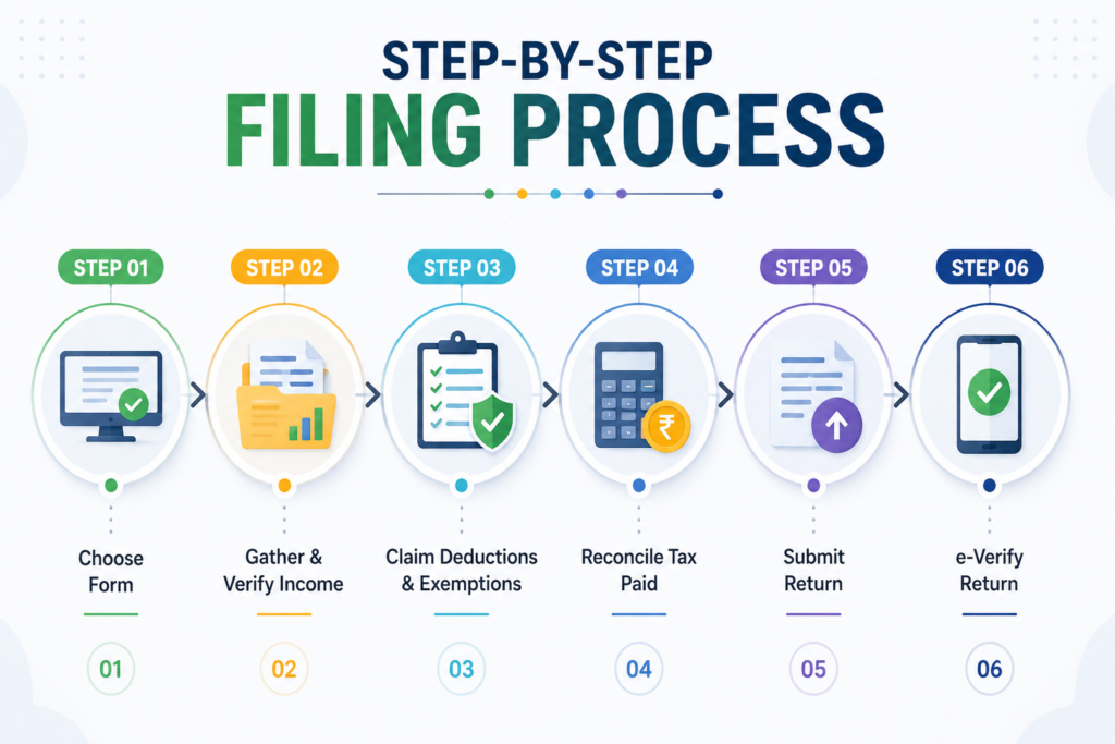 Step-by-step Income Tax Filing process infographic showing six stages: choosing the ITR form, verifying income, claiming deductions, reconciling taxes paid, submitting the return, and completing e-verification with related financial icons.