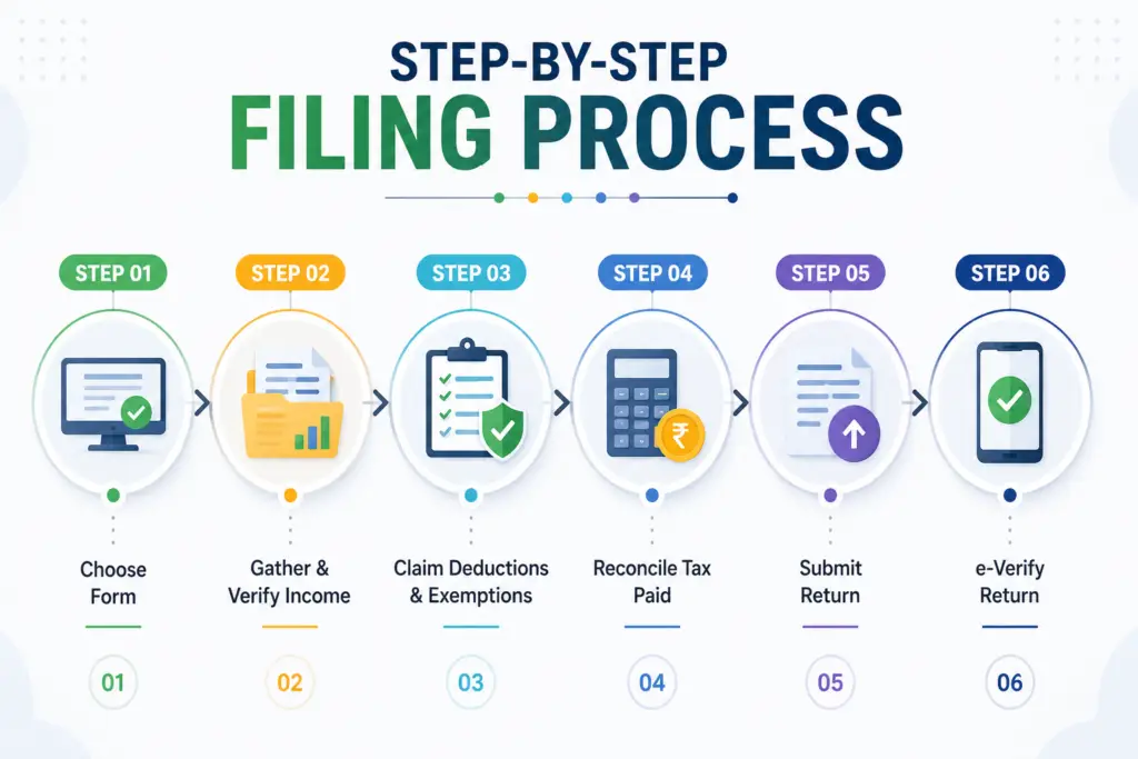 Step-by-step Income Tax Filing process infographic showing six stages: choosing the ITR form, verifying income, claiming deductions, reconciling taxes paid, submitting the return, and completing e-verification with related financial icons.