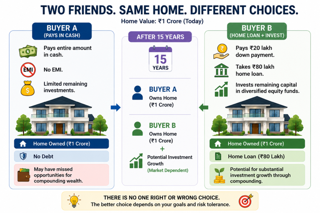 Cash vs Home Loan comparison showing two friends buying a ₹1 crore house in India, comparing full cash purchase with home loan and investment strategy, highlighting wealth creation, opportunity cost, and long-term financial planning.