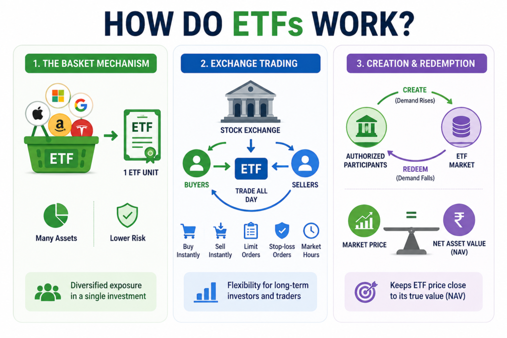 ETFs Explained: The Simple Investment Strategy Anyone Can Use Infographic explaining how ETFs work through the basket mechanism, exchange trading, and creation-redemption process, showing diversification, ETF trading flexibility, and NAV price alignment.