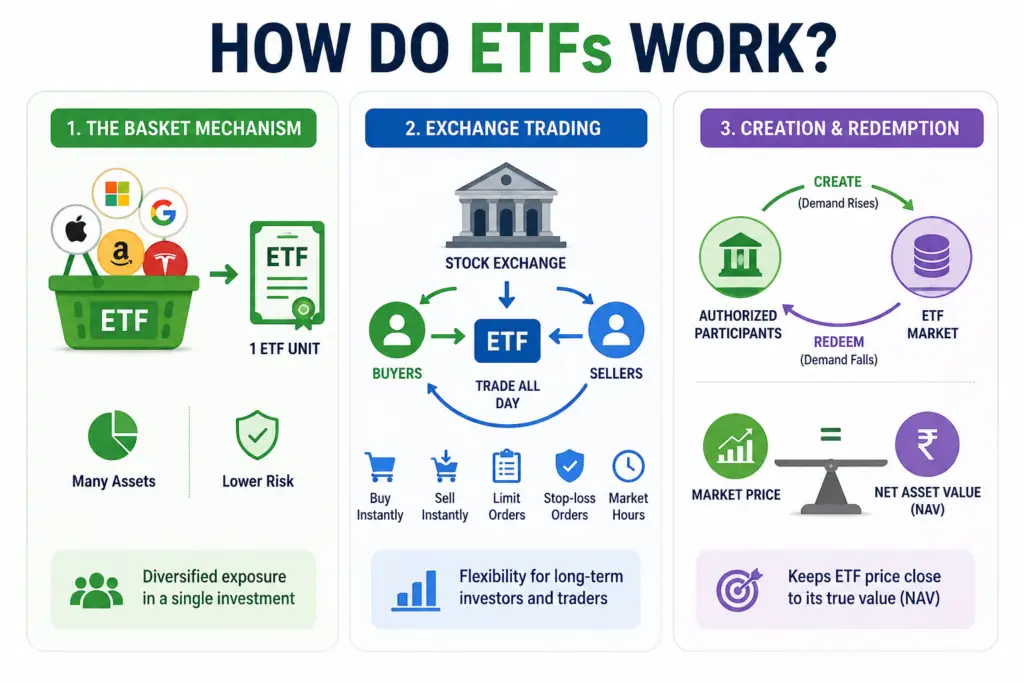 ETFs Explained: The Simple Investment Strategy Anyone Can Use Infographic explaining how ETFs work through the basket mechanism, exchange trading, and creation-redemption process, showing diversification, ETF trading flexibility, and NAV price alignment.