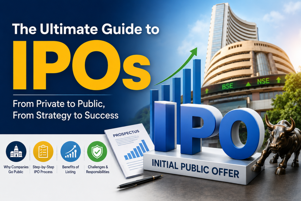 IPO concept illustration showing the transition from a private company to a publicly listed company, featuring large IPO letters, stock market growth chart, BSE building, prospectus document, and bullish market symbol.