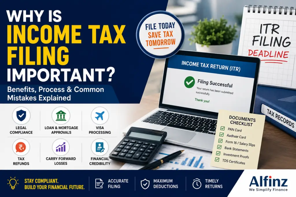 Professional Income Tax Filing infographic showing an online ITR filing dashboard, tax documents checklist, calculator, financial records, and key benefits including tax refunds, loan approvals, visa processing, legal compliance, and financial credibility in India.