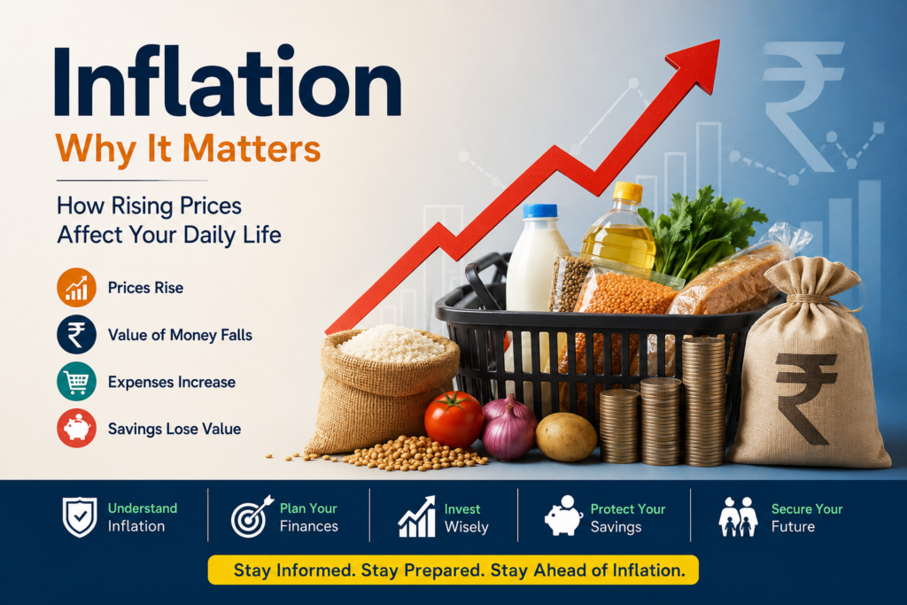 Illustration showing inflation in India with rising price graph, grocery basket, vegetables, cooking oil, coins, rupee symbol, and financial icons representing increasing daily expenses and reduced purchasing power.