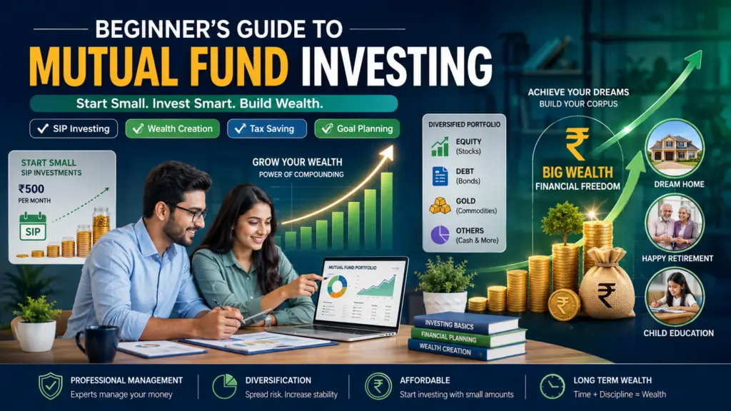 Beginner's Guide to Mutual Funds Investing: Best Ways to Build Wealth Beginner's Guide to Mutual Fund Investing showing SIP investment growth, wealth creation, financial goals, and mutual fund planning for Indian investors.