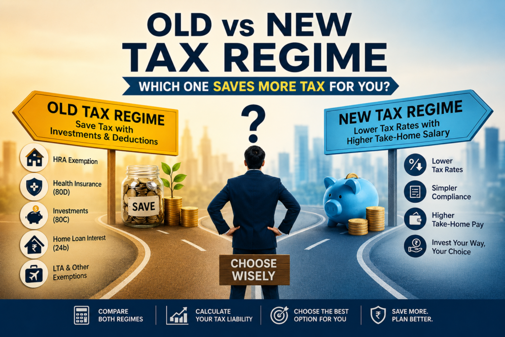 Old vs New Tax Regime comparison infographic showing a taxpayer choosing between tax-saving deductions under the Old Tax Regime and lower tax rates under the New Tax Regime, with icons representing HRA, home loan benefits, health insurance, investments, and higher take-home salary.