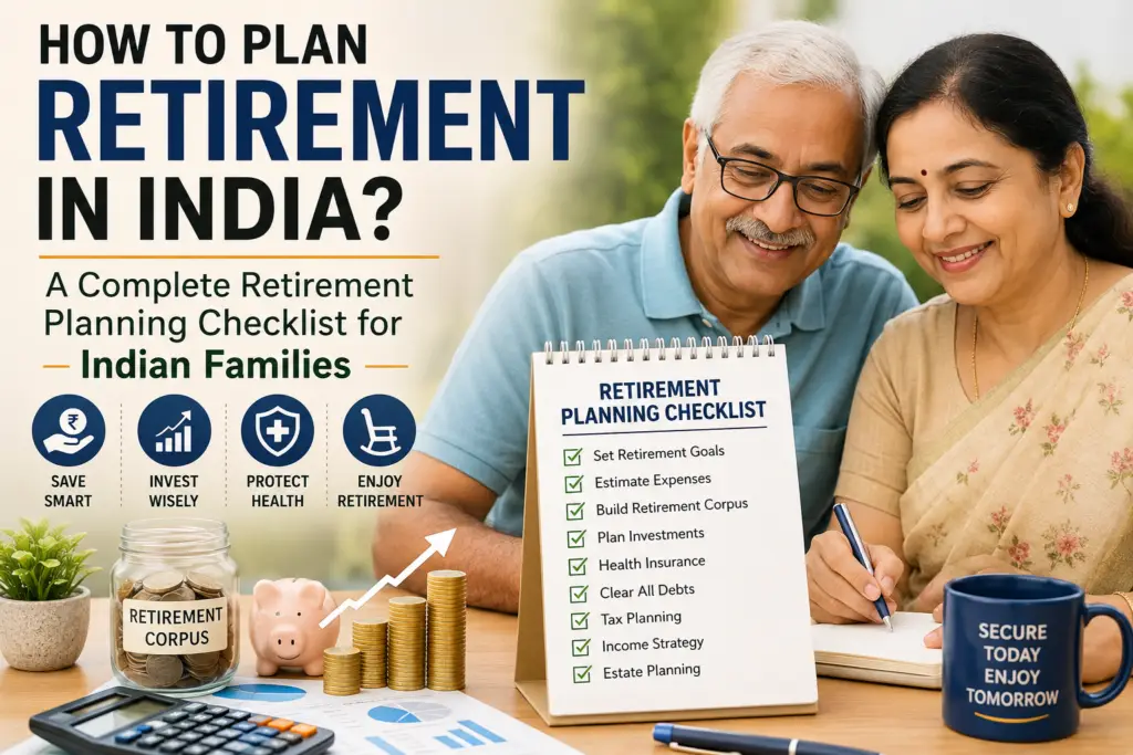 Retirement Planning Checklist for Indian Families showing a retired Indian couple planning savings, investments, healthcare, and retirement income for a financially secure future.