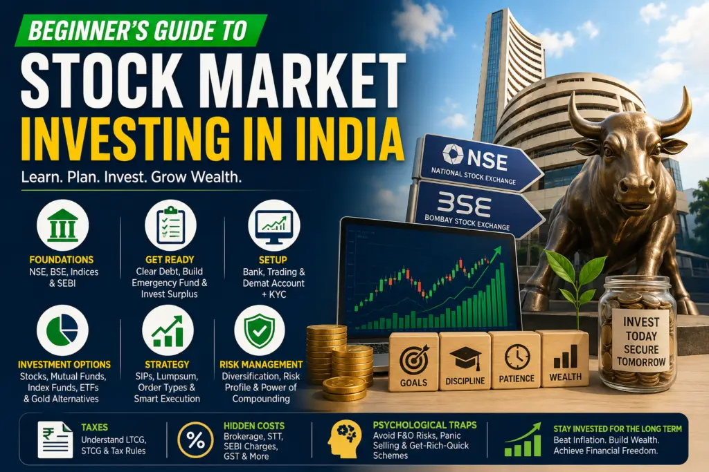 Beginner's Guide to Stock Market Investing in India infographic featuring NSE, BSE, stock market bull statue, investment growth chart, Demat account setup, SIP investing, risk management, taxes, and wealth-building concepts.