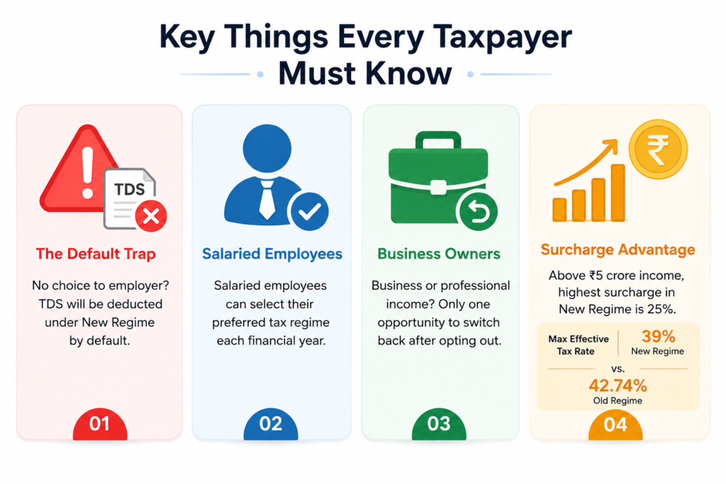 Infographic highlighting key tax regime considerations for Indian taxpayers, including the default New Tax Regime for TDS deduction, annual regime selection flexibility for salaried employees, switching restrictions for business owners, and surcharge benefits under the New Tax Regime with a maximum effective tax rate of 39% versus 42.74% under the Old Regime.