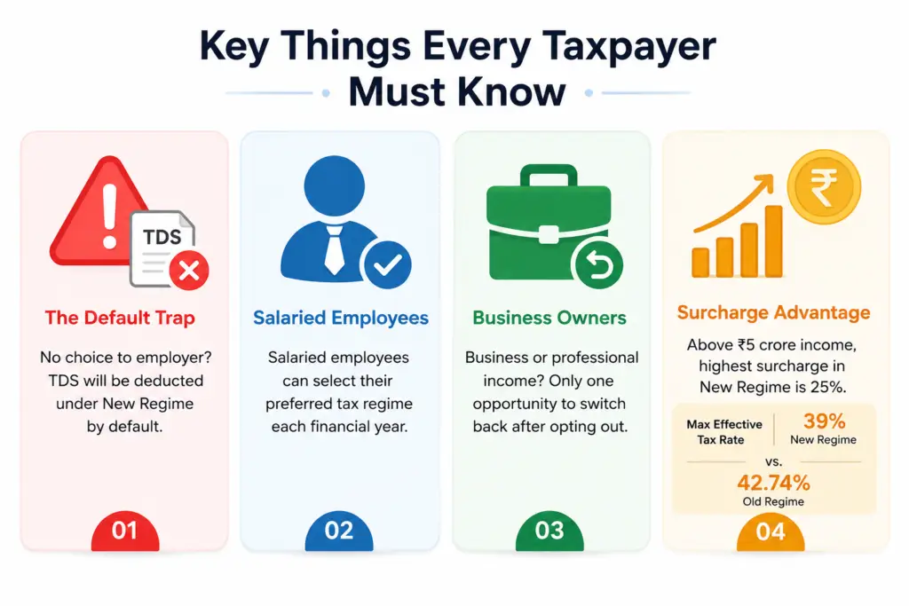 Infographic highlighting key tax regime considerations for Indian taxpayers, including the default New Tax Regime for TDS deduction, annual regime selection flexibility for salaried employees, switching restrictions for business owners, and surcharge benefits under the New Tax Regime with a maximum effective tax rate of 39% versus 42.74% under the Old Regime.