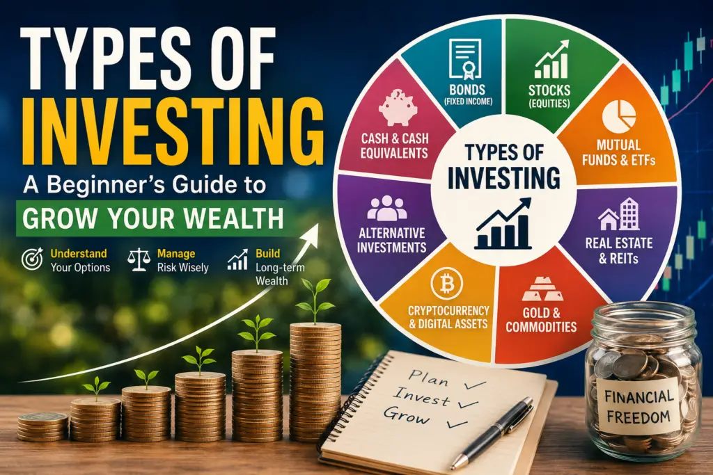 Types of Investing infographic showing stocks, bonds, mutual funds, ETFs, real estate, commodities, cryptocurrency, and cash investments with wealth growth chart, financial planning notebook, and financial freedom concept for beginner investors.