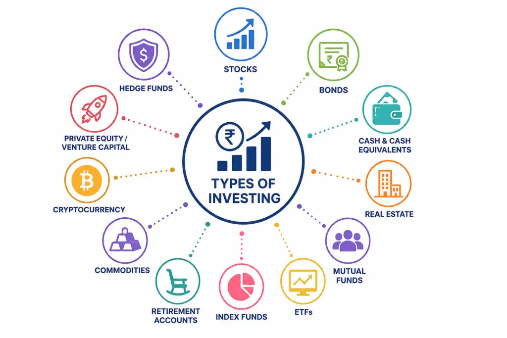 Colorful infographic showing types of investing with financial icons arranged around a central investment growth symbol. Investment categories include stocks, bonds, cash equivalents, real estate, mutual funds, ETFs, index funds, retirement accounts, commodities, cryptocurrency, private equity, and hedge funds