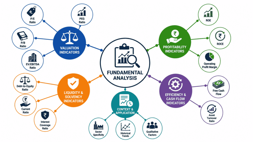 What are the Best Fundamental Indicators to Invest in Stocks? Fundamental analysis infographic illustrating key stock market indicators with icons, including P/E Ratio, PEG Ratio, ROE, ROCE, P/B Ratio, EV/EBITDA, Debt-to-Equity, Current Ratio, Free Cash Flow, Asset Turnover, and profitability metrics for long-term investing.