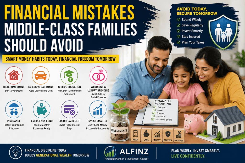 Why Do Middle-Class Families Struggle to Build Wealth? Best Ways to Avoid Financial Mistakes Financial planning infographic showing common financial mistakes middle-class families should avoid in India, including home loans, car loans, credit card debt, emergency funds, insurance, retirement planning, and smart investing for long-term wealth creation.