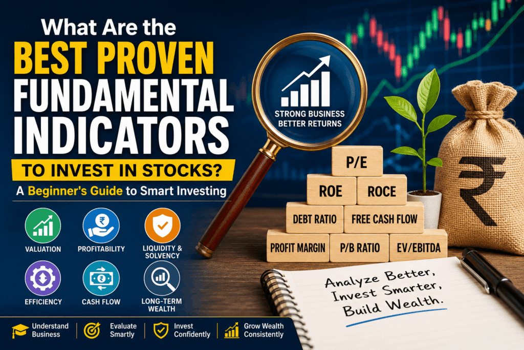 What are the Best Fundamental Indicators to Invest in Stocks? Financial infographic explaining the best proven fundamental indicators to invest in stocks, including P/E Ratio, ROE, ROCE, P/B Ratio, EV/EBITDA, Debt Ratio, Free Cash Flow, and valuation metrics for smart long-term investing.