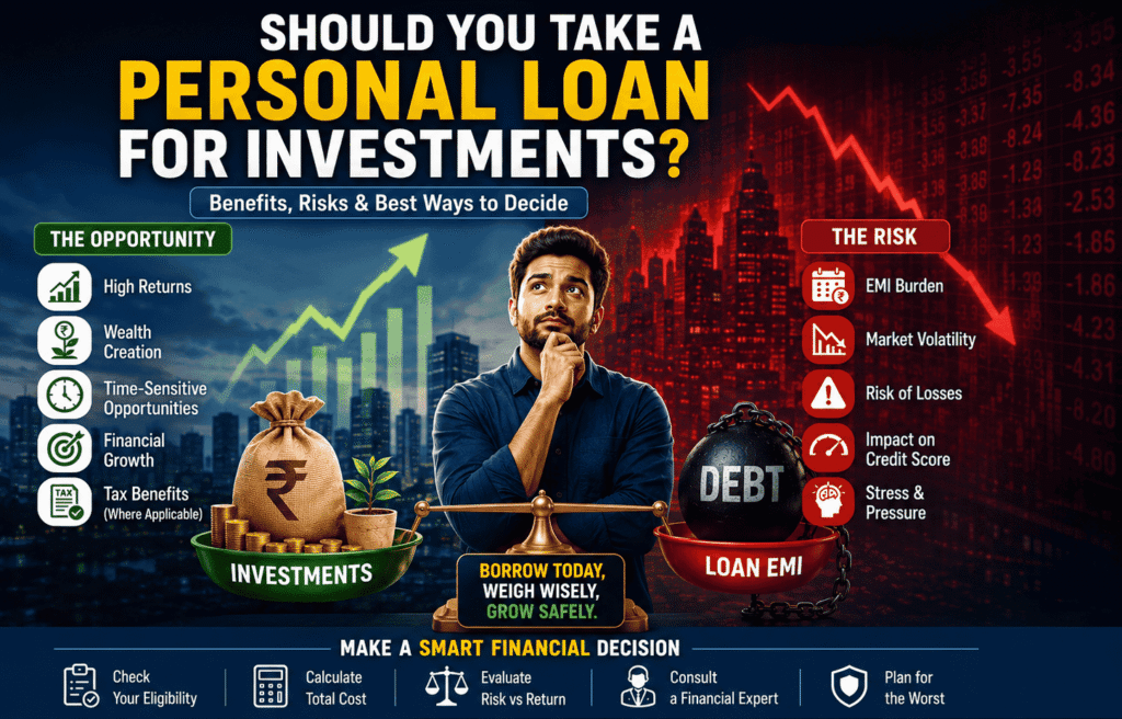 Is It Wise to Take a Personal Loan for Investments? What You Need to Know Should You Take a Personal Loan for Investments? A financial comparison showing the benefits and risks of investing with borrowed money, including EMI burden, market volatility, wealth creation, and smart financial decision-making.
