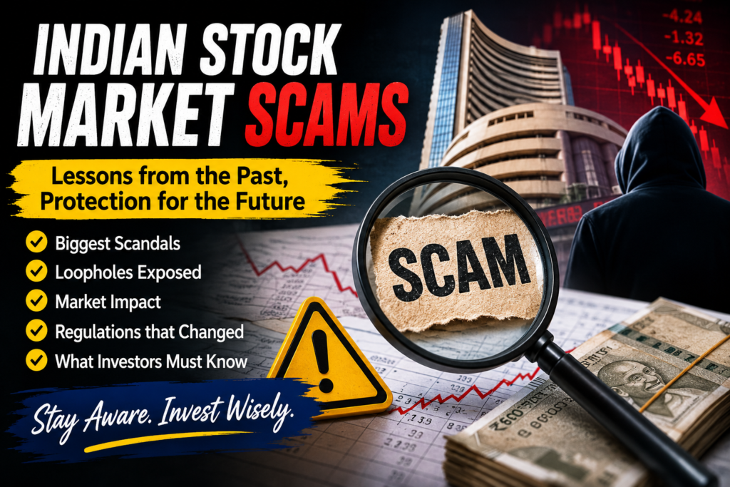 Indian Stock Market Scams illustration showing stock market crash, fraud investigation, warning signs, and investor protection highlighting major financial scams in India.