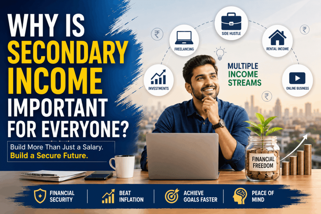 Why Is Secondary Income Important for Everyone? Benefits, Best Ways & Financial Security A professional financial planning illustration showing a young Indian professional working on a laptop with icons representing multiple income streams such as freelancing, investments, rental income, side hustles, and online business, highlighting the importance of secondary income for achieving financial security and financial freedom.