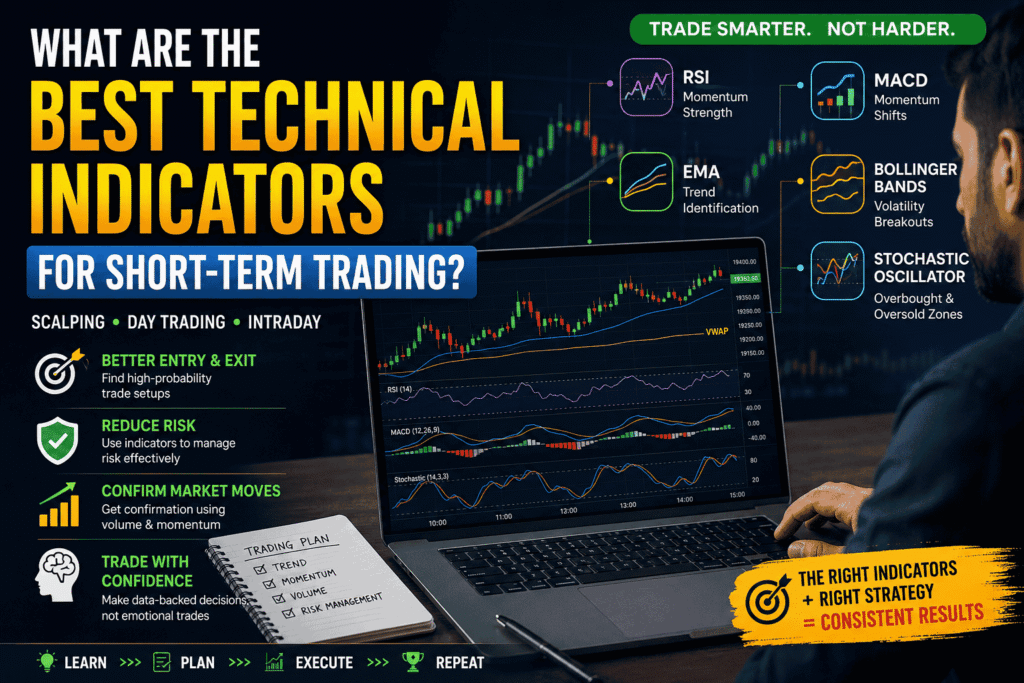 What are the Best Technical Indicators for Short-Term Trading? Part-1 Best technical indicators for short-term trading featuring RSI, MACD, EMA, VWAP, Bollinger Bands, and Stochastic Oscillator with stock market charts for intraday and scalping strategies.