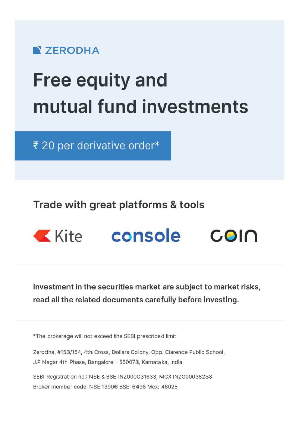 What are the Best Fundamental Indicators to Invest in Stocks? Zerodha promotional banner highlighting free equity and mutual fund investments, ₹20 per derivative order, and trading platforms including Kite, Console, and Coin for Indian investors.