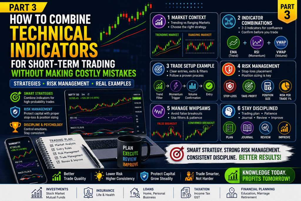How to combine technical indicators for short-term trading featuring EMA, RSI, VWAP, market context, risk management, trade setup examples, and trading psychology for consistent intraday trading success.