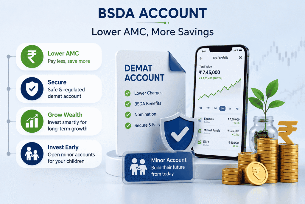 BSDA Account benefits with lower demat AMC, ₹ savings, secure portfolio, wealth growth and minor investment account.
