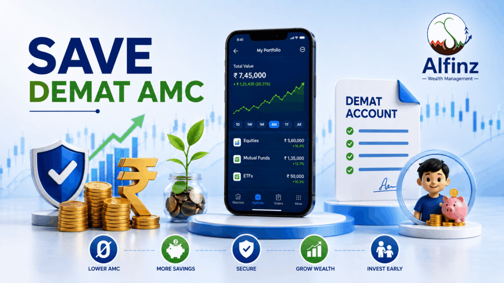 BSDA Account benefits and Demat AMC savings with ₹ investments, portfolio growth, secure demat account and minor investment concept.