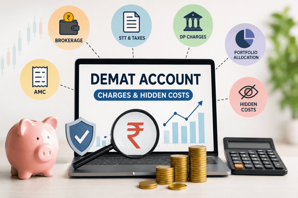 Demat account charges and hidden costs explained with icons for brokerage, STT and taxes, DP charges, AMC, portfolio allocation, and investment costs.