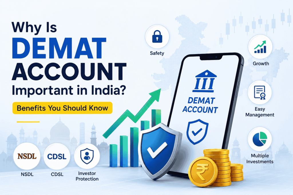 Why is a Demat account important in India? Digital investment account showing safety, growth, NSDL, CDSL and investor protection benefits.