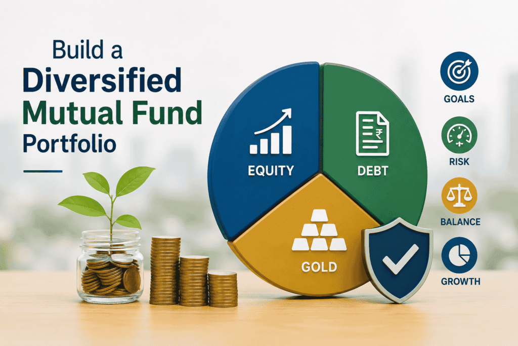Illustration showing a diversified mutual fund portfolio with equity, debt, and gold asset allocation for balanced long-term wealth creation in India.