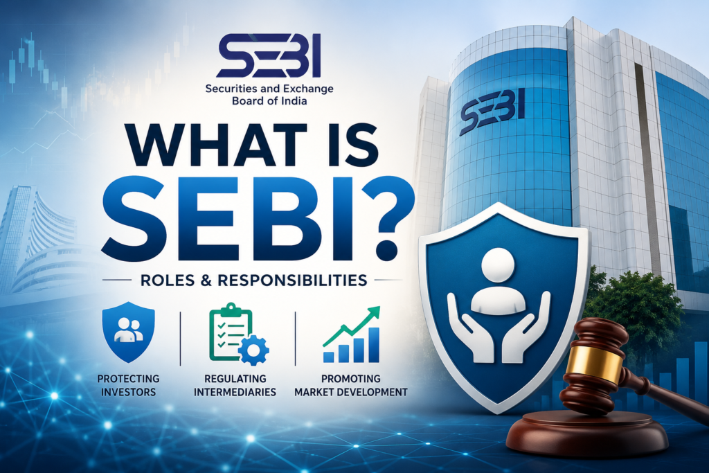 SEBI roles and responsibilities with investor protection, market regulation and market development icons