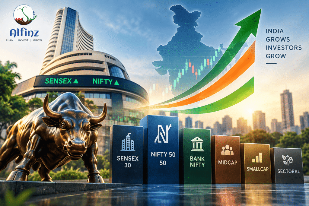 Stock market indices in India showing Sensex, Nifty 50 and major market segments