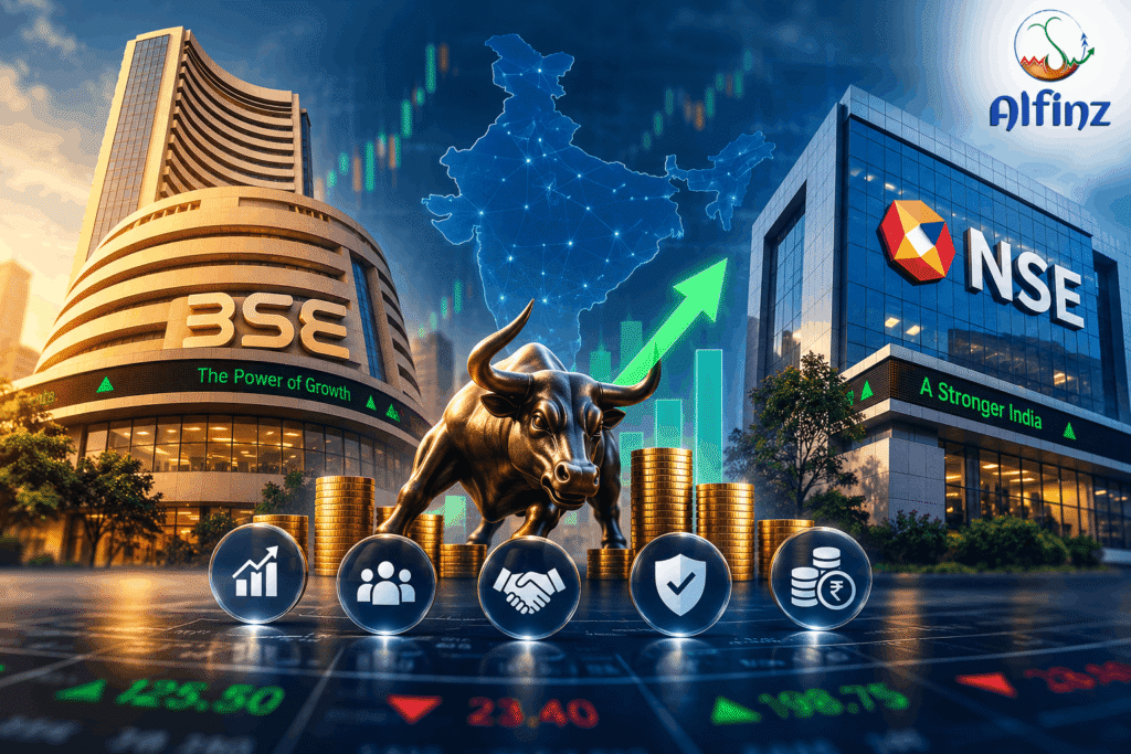 Professional stock market illustration showing NSE and BSE, the Indian map, rising market chart, bull symbol, gold coins, and financial icons, with the Alfinz logo.