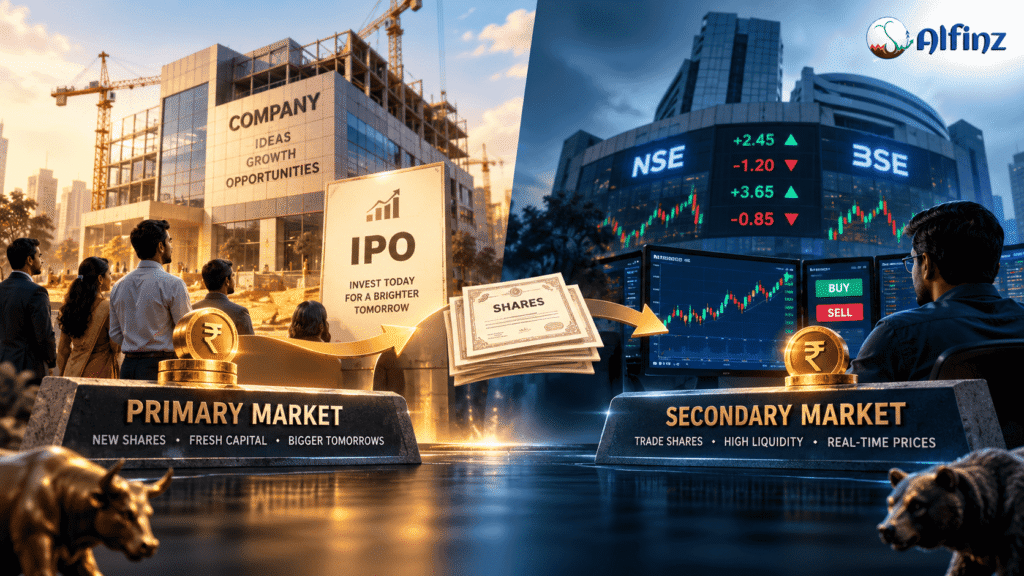 Primary Market vs Secondary Market explained with IPO, stock exchange and investment concepts