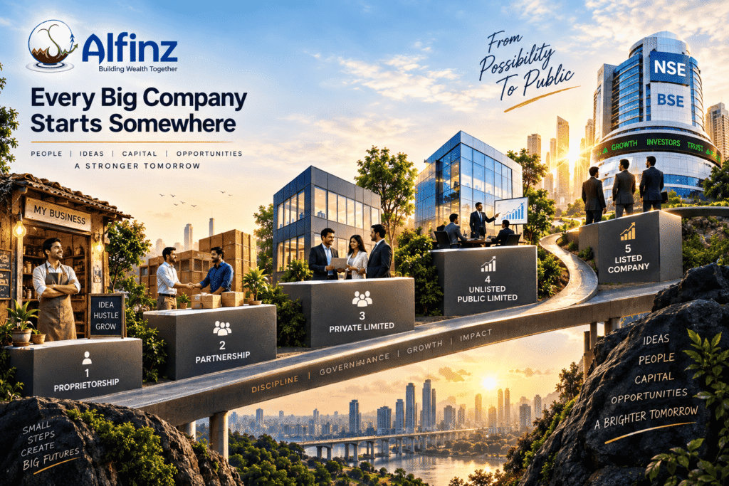 Stages of listed company formation in India from proprietorship to IPO and stock market listing, with Alfinz branding.