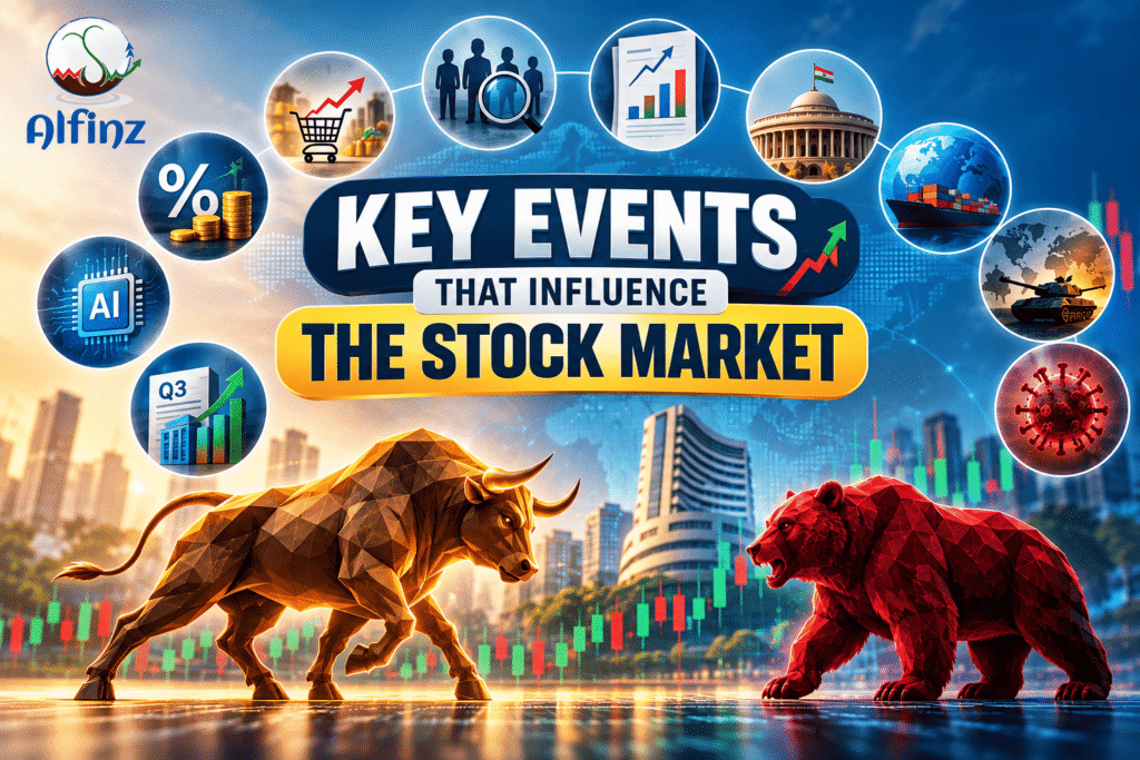 Key events that influence the stock market including interest rates, inflation, earnings, policy and global events